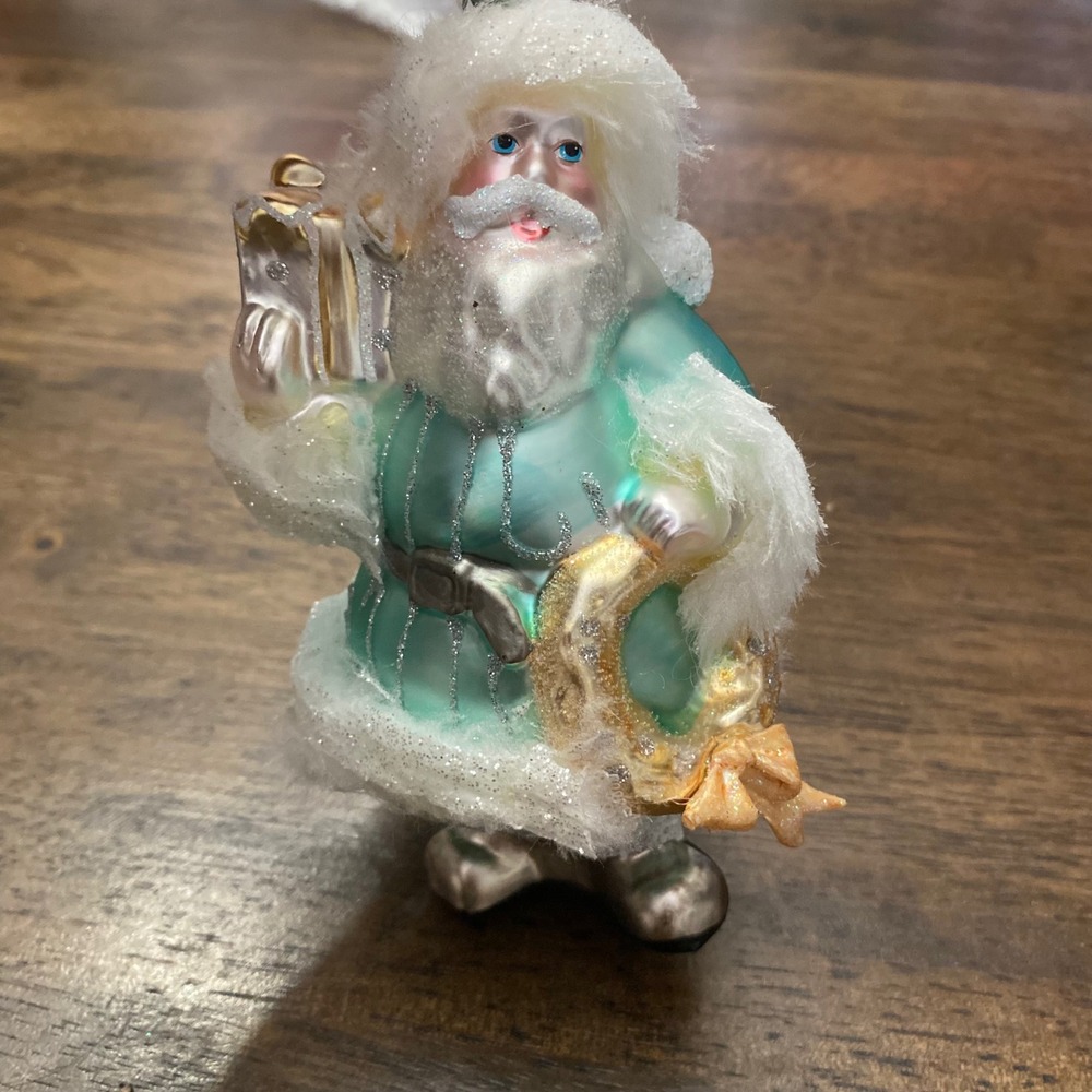 Vintage Style Glass Santa Claus Ornament Seafoam Green Teal Glitter Faux Fur